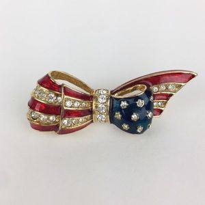 Carolee Red Blue Enamel Flag Brooch Crystal Rhines